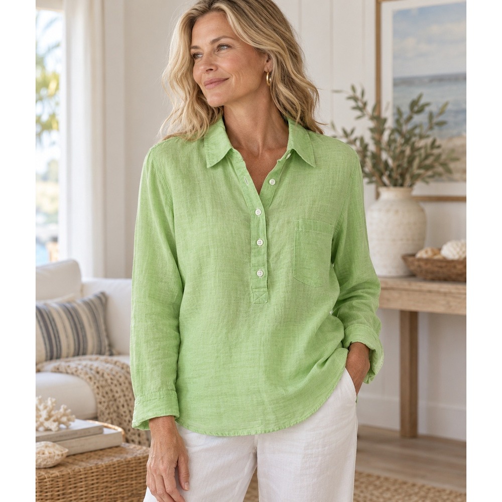GAP Womens Boyfriend Green Button Down Linen Blend Top Sz M Coastal Core Preppy